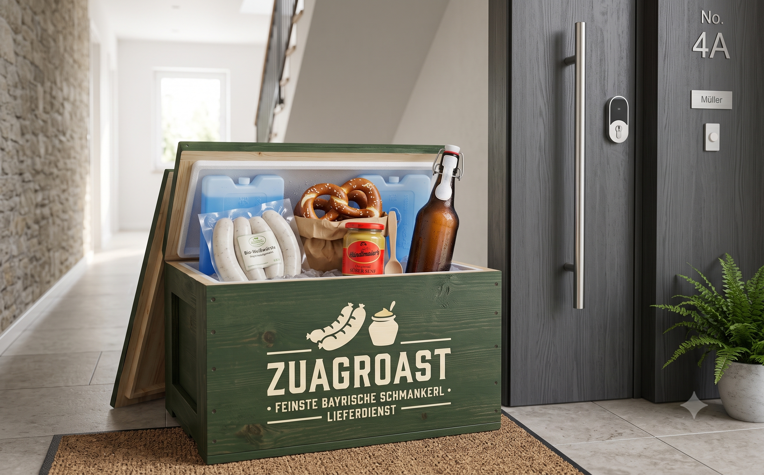 Zuagroast-Kühlkiste mit Wiesn-Brotzeit vor der Haustür